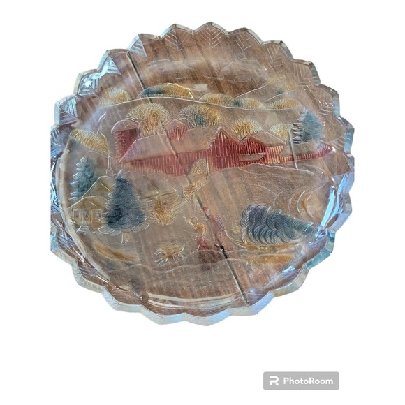 Vintage Christmas Serving Platter Glass Round Painted Scene - Picture 3 of 4